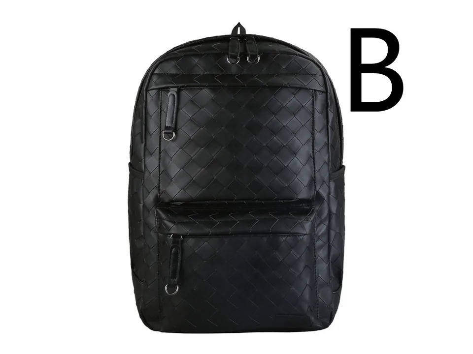 Black woven leather backpack, front view.