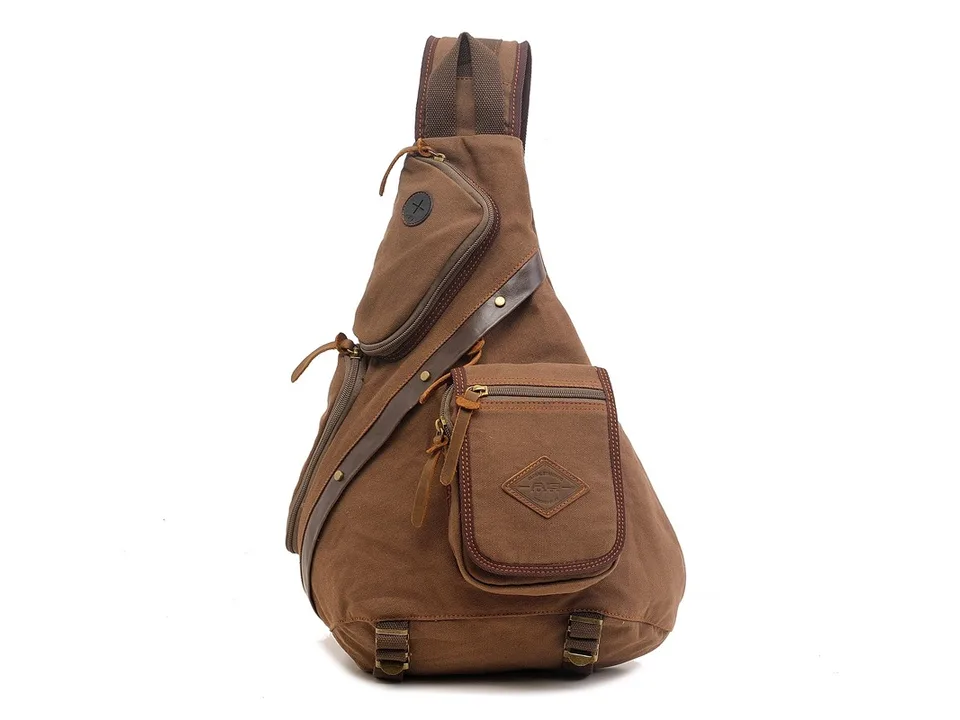 Brown canvas sling backpack, front view