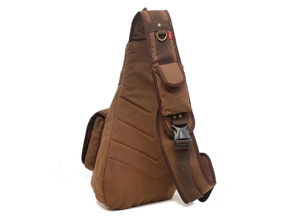Back view of the brown canvas sling backpack