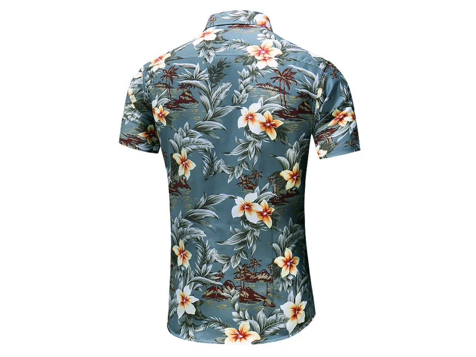 The back view of a men's short-sleeve button-down shirt with a grey-blue floral and tropical print.