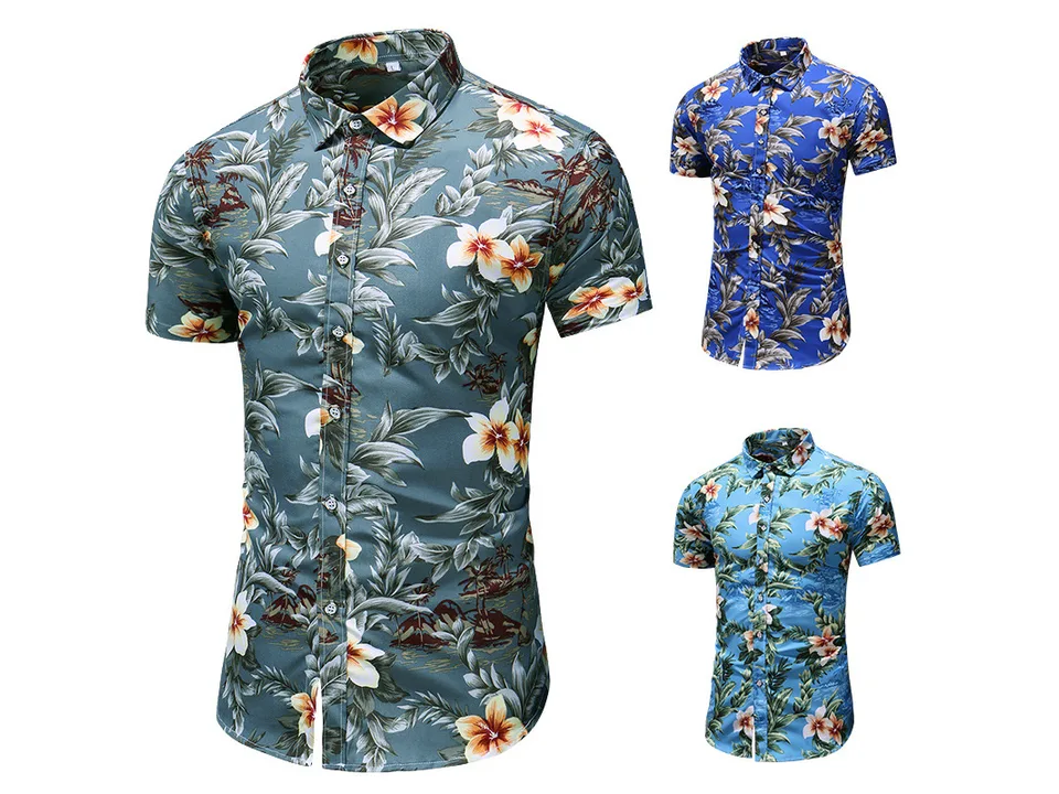 Three different color variations of the men's floral short-sleeve button-down shirt.