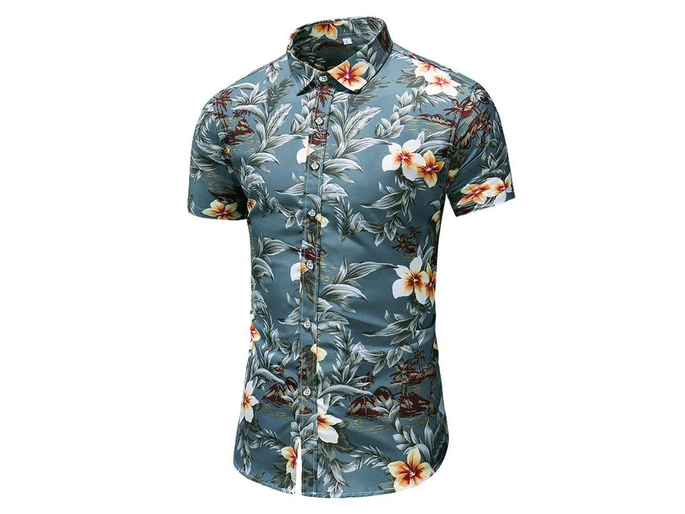 A men's short-sleeve button-down shirt with a grey-blue floral and tropical print.