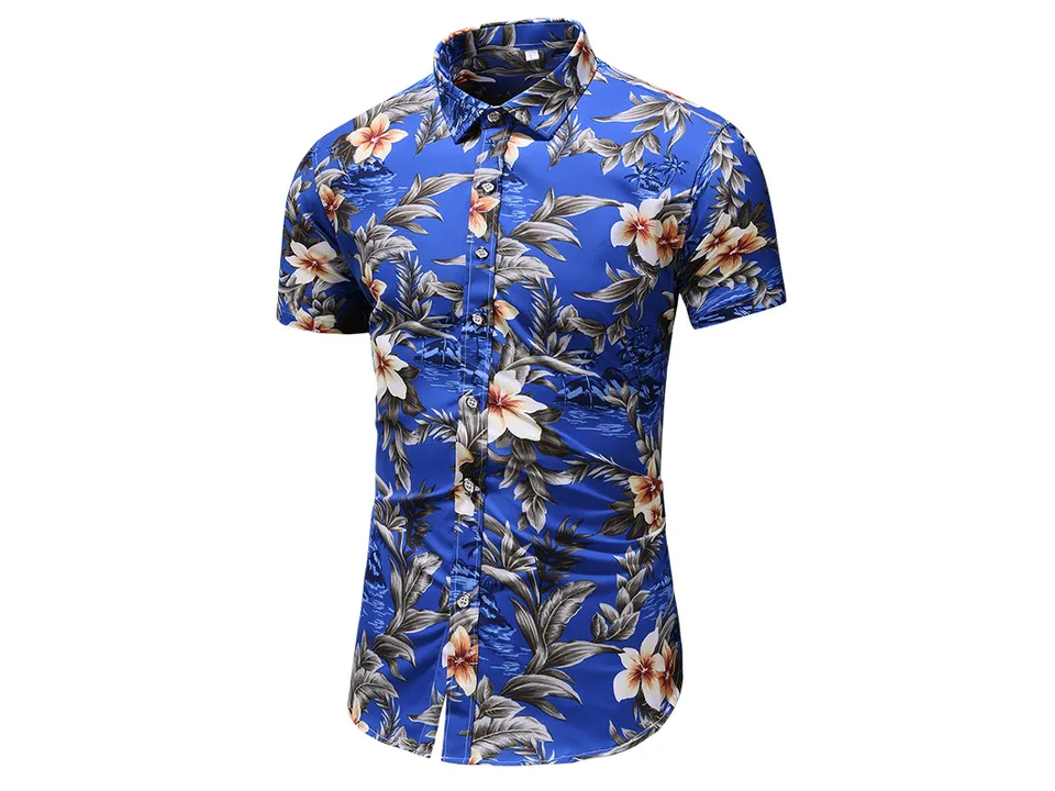 A men's short-sleeve button-down shirt with a blue floral and tropical print.