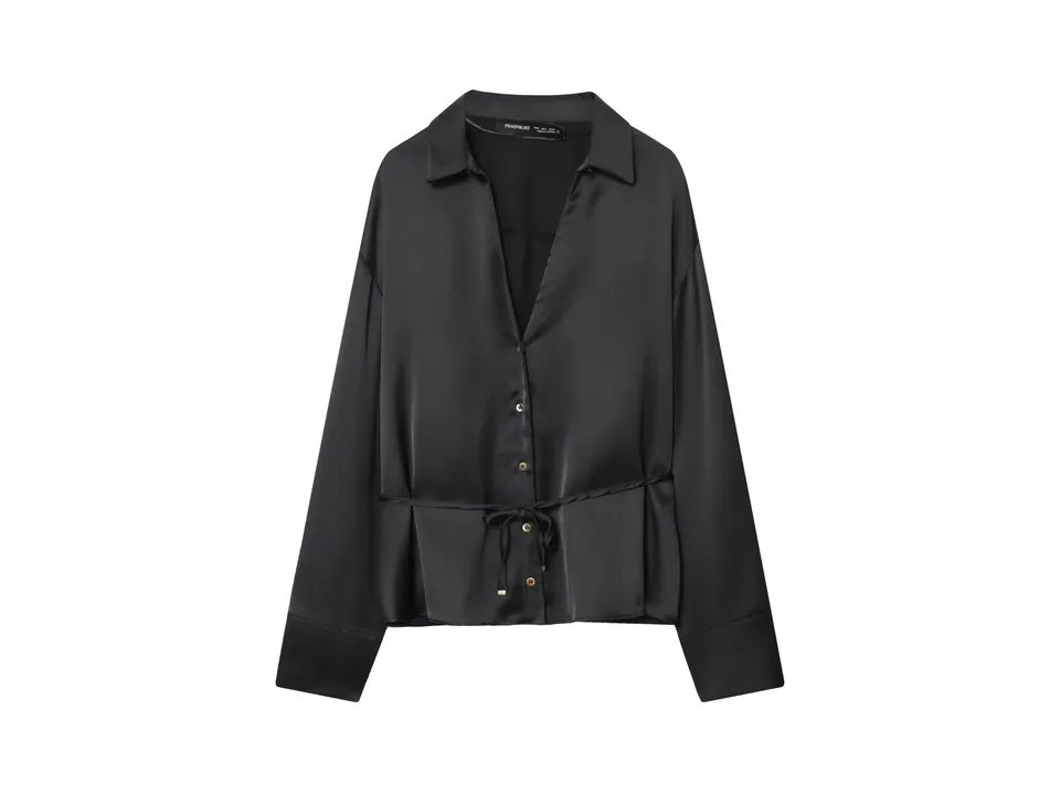 Front view of a black long-sleeve button-down shirt with a waist tie.