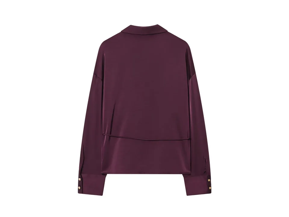 Back view of a burgundy long-sleeve button-down shirt.