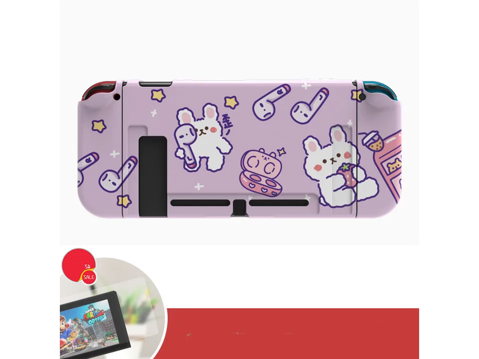 Purple protective case for Switch with cartoon bunnies and strawberry motifs.