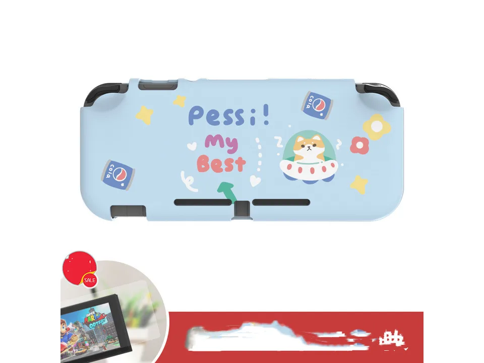 Light blue protective case for Switch with a cartoon dog in a spaceship and 'Pessi! My Best' text.