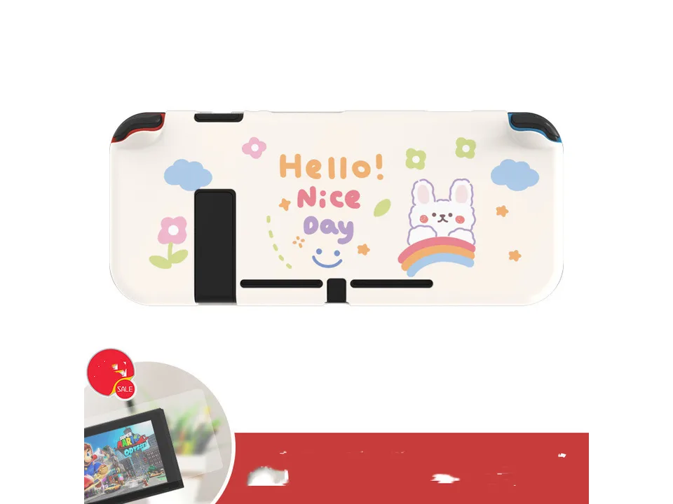 White protective case for Switch with a cartoon bunny on a rainbow and 'Hello! Nice Day' text.