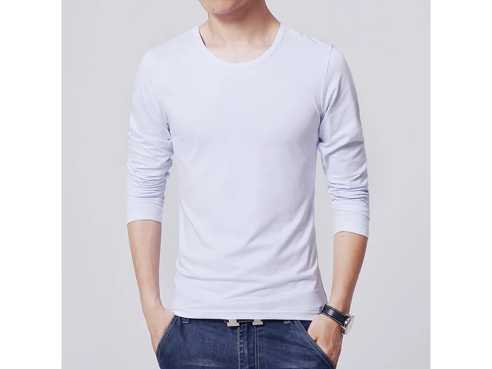 A man wearing a white long-sleeve crew neck t-shirt.