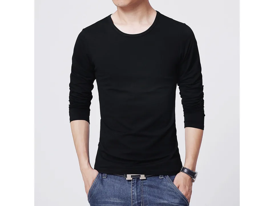 A man wearing a black long-sleeve crew neck t-shirt.