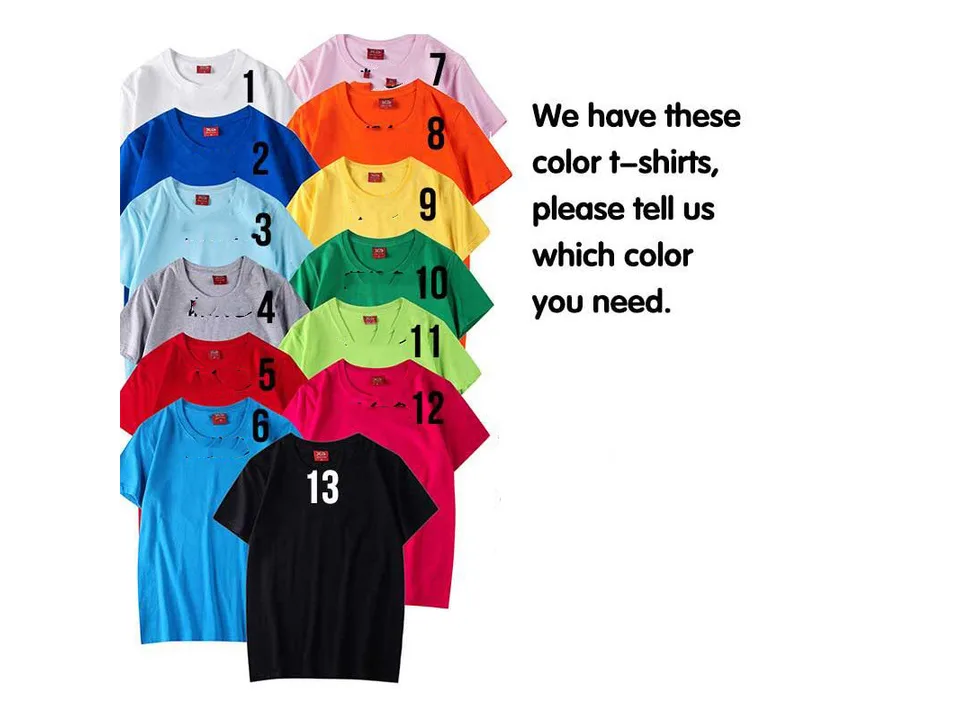 A collection of thirteen different colored t-shirts, each numbered for selection.