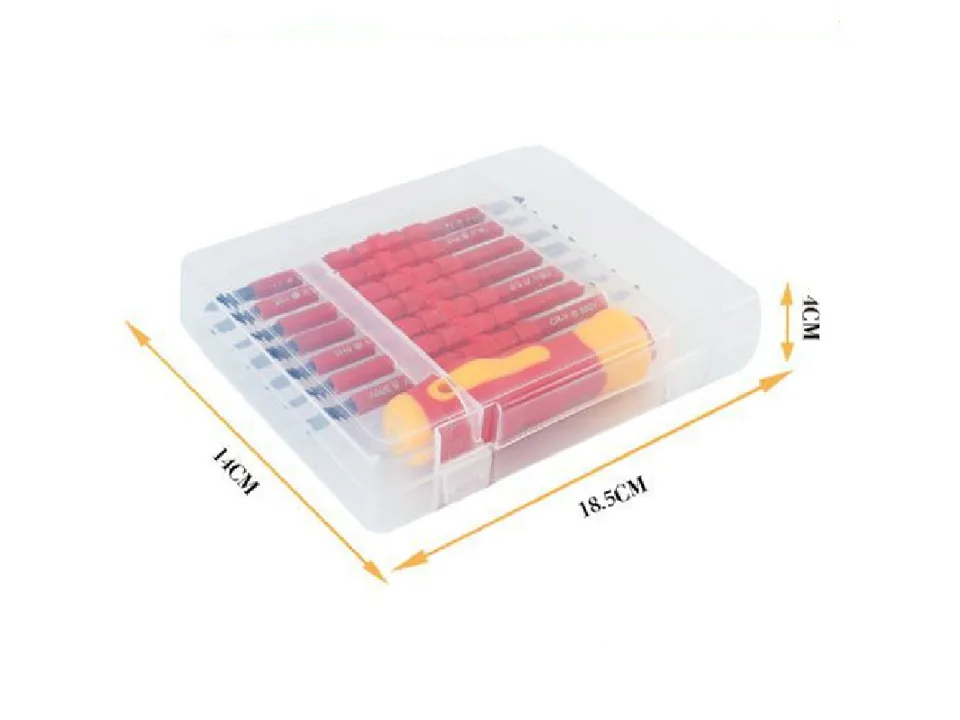 The complete screwdriver set inside its clear plastic storage case.