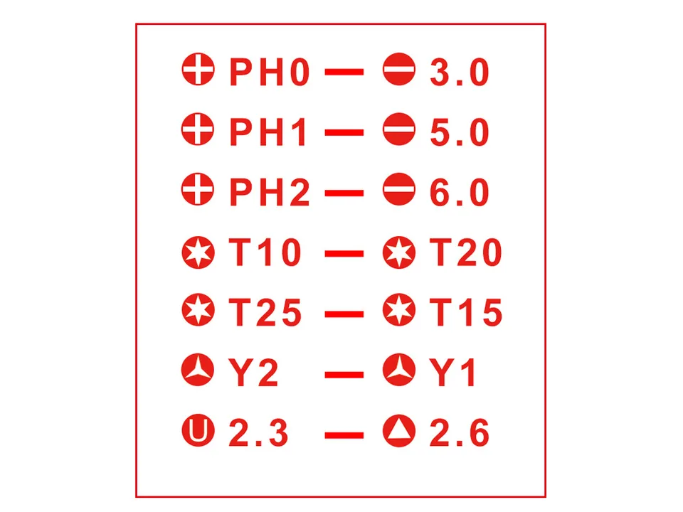A list of the various screwdriver bit types and sizes included in the set.