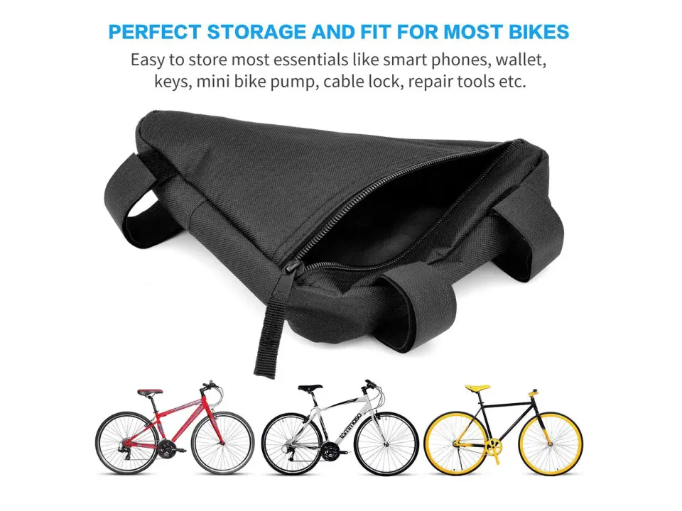 A black bicycle triangle frame bag shown on three different types of bicycles.