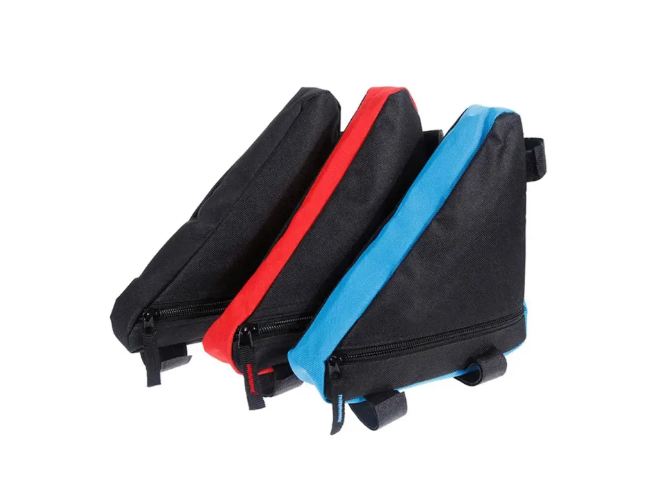 Three bicycle triangle frame bags in black, red, and blue.