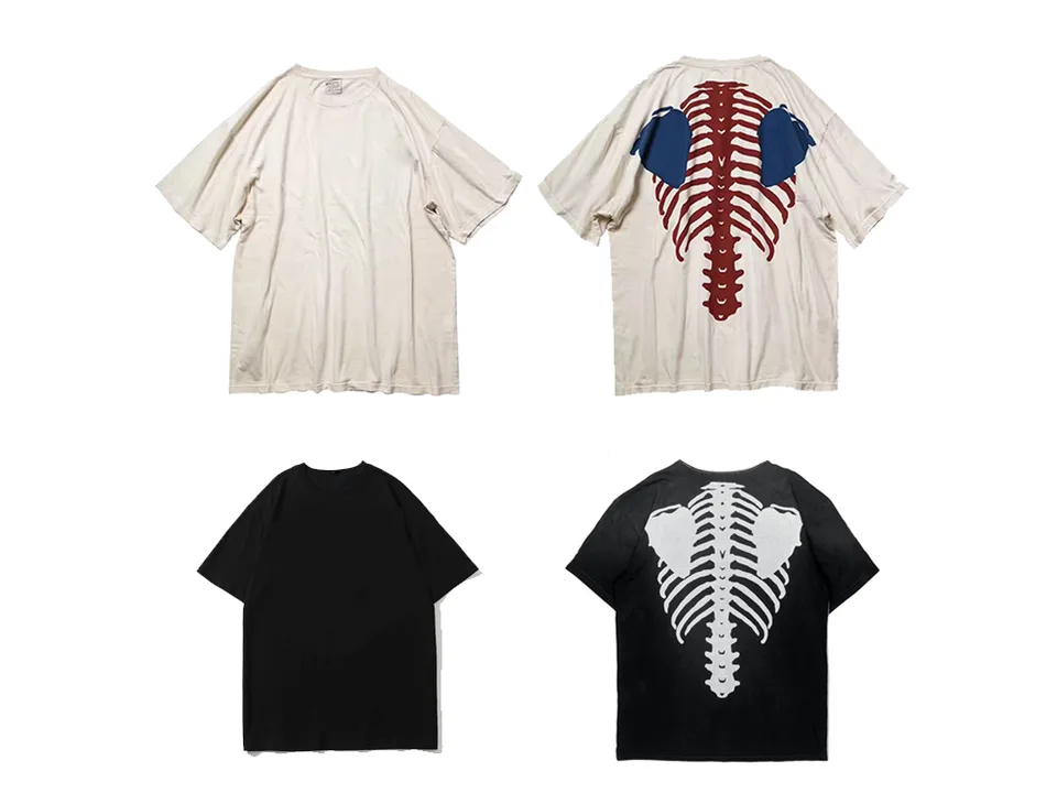 Front and back views of the white and black versions of the skeleton t-shirt.