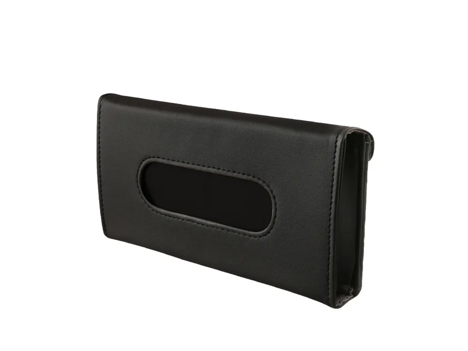 Black leather car mask and tissue organizer