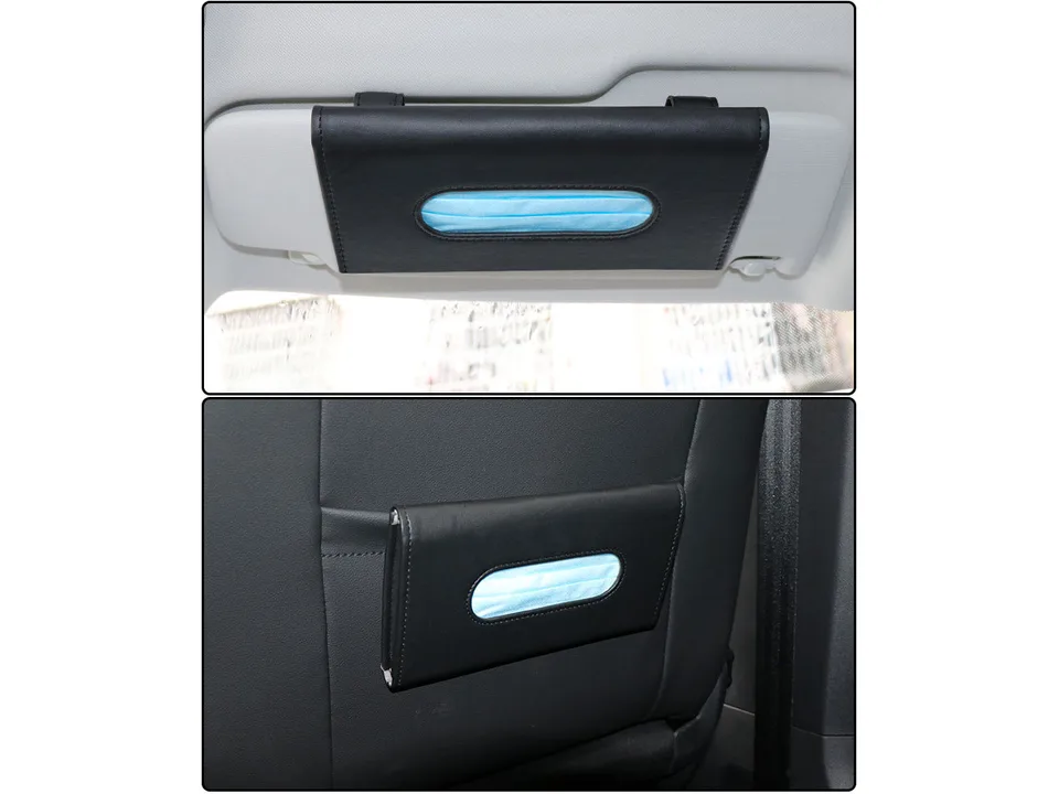 Car mask organizer mounted on a sun visor and on the back of a car seat