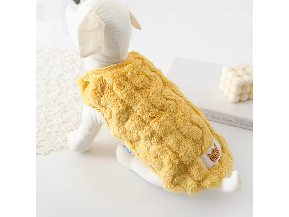 Back view of a yellow fleece dog vest on a mannequin.