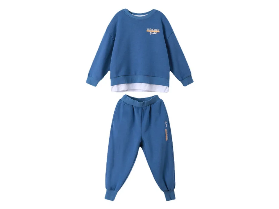 A blue long-sleeve sweatshirt and matching jogger pants set displayed on a white background.