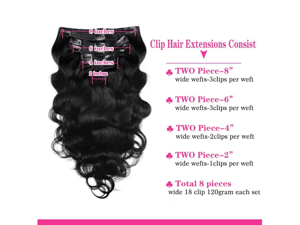 A set of eight wavy black hair extension pieces with labels for their width and clip count.