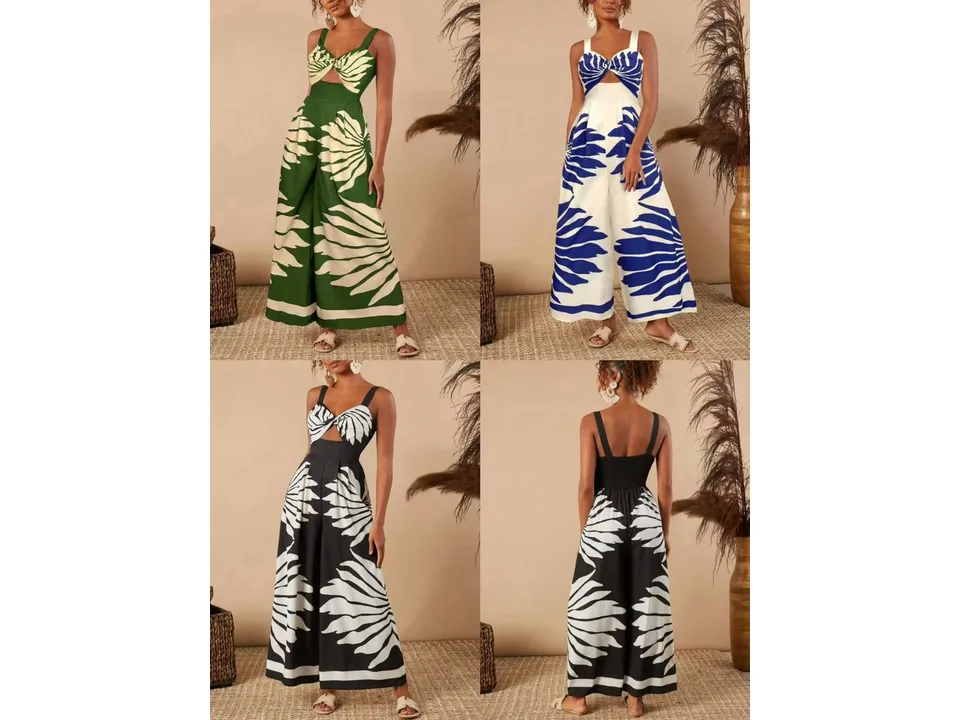 A collage showing the jumpsuit in green, blue, and black, including a back view.