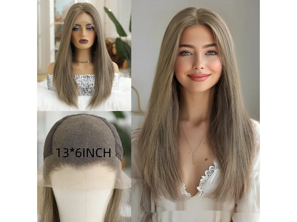 Light brown straight lace front wig on a mannequin and a smiling model.