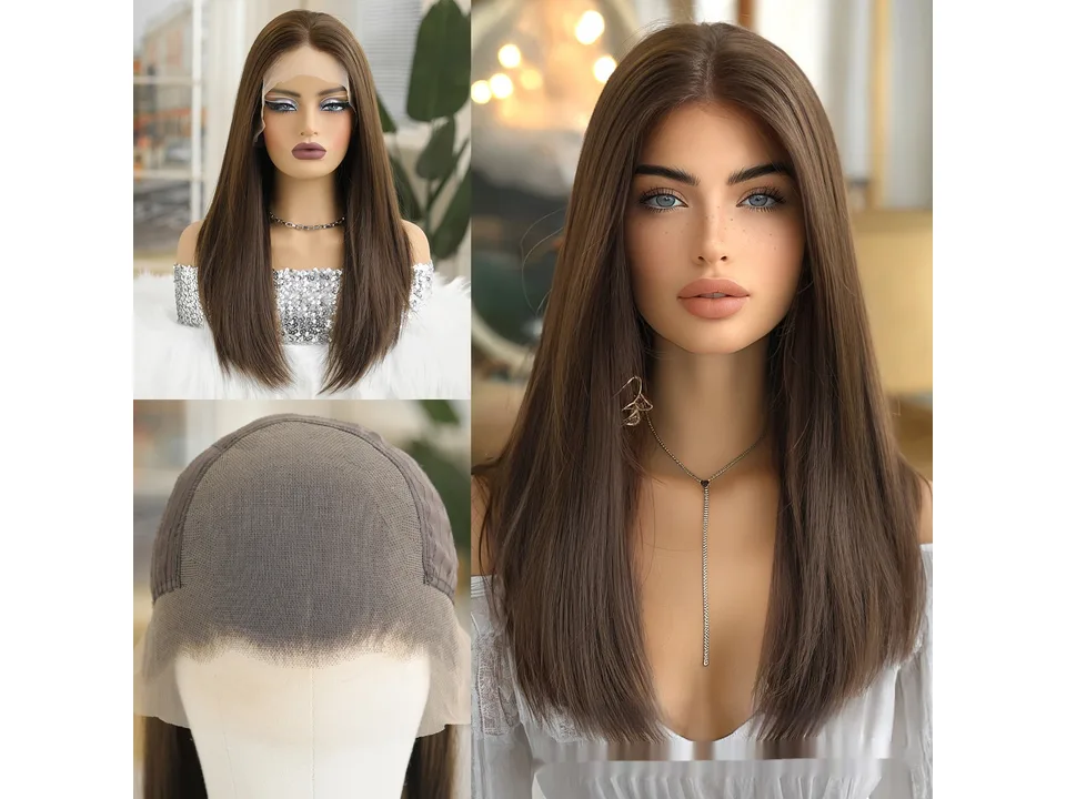 Dark brown straight lace front wig on a mannequin and a smiling model.