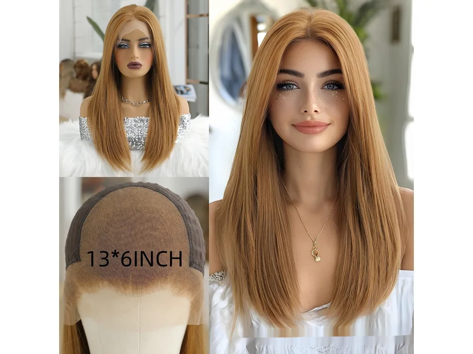 Golden brown straight lace front wig on a mannequin and a smiling model.