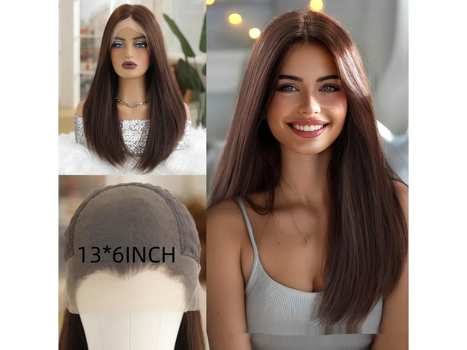 Medium brown straight lace front wig on a mannequin and a smiling model.