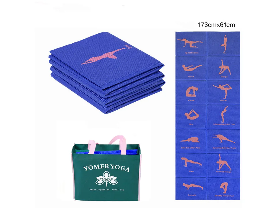 Blue foldable yoga mat with yoga pose illustrations and a green carrying bag.