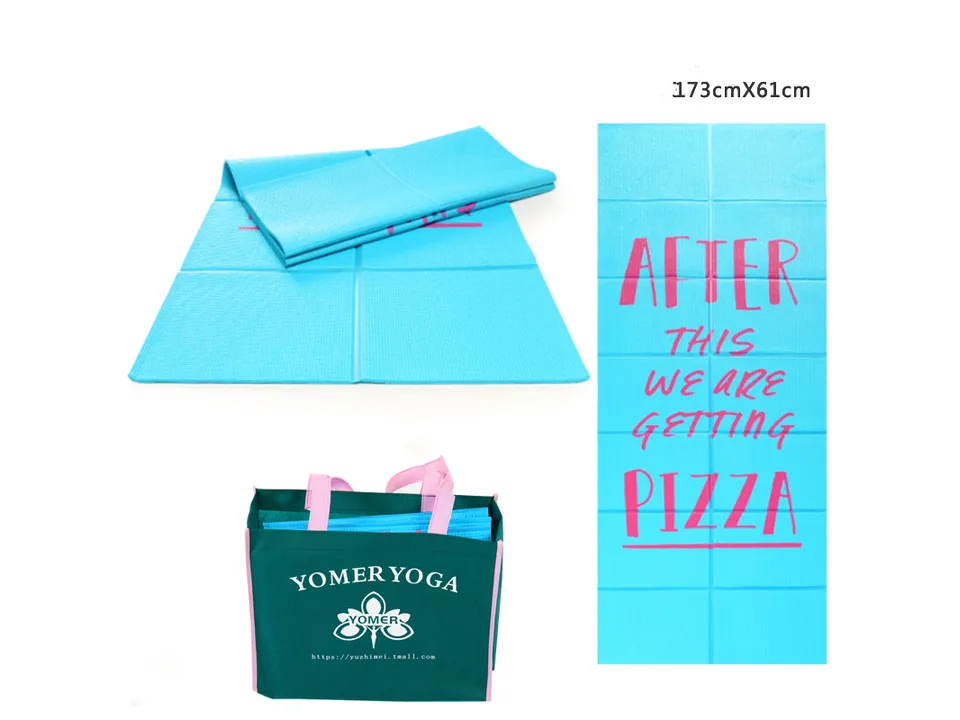 Light blue foldable yoga mat with 'After this we are getting pizza' text and a green carrying bag.