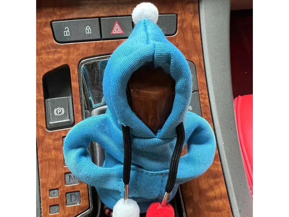 Blue hoodie cover on a car gear shift knob