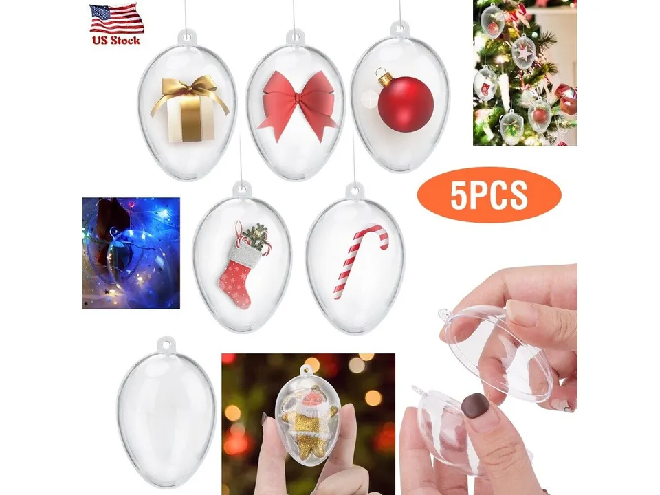 Collage showing clear fillable ornaments on a tree, being opened by hand, and filled with decorations.