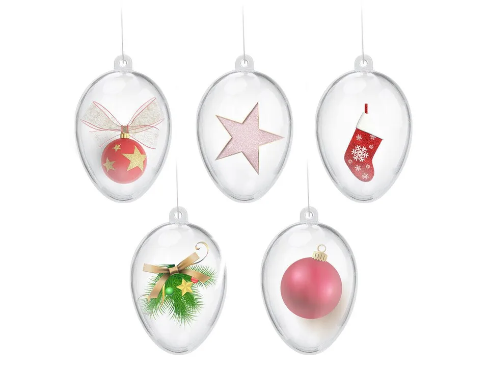 Five clear egg-shaped ornaments with different Christmas decorations inside.