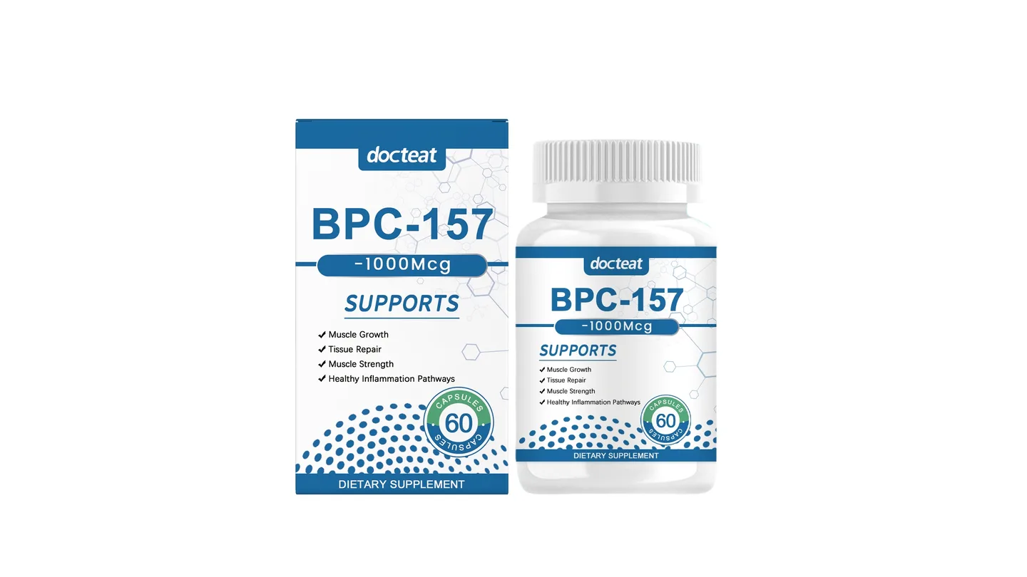 Docteat BPC-157 dietary supplement bottle and box, 1000mcg, 60 capsules.