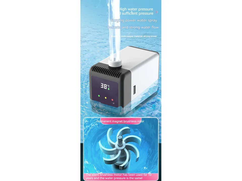 Portable shower pump with digital temperature display and a close-up of the internal brushless motor.