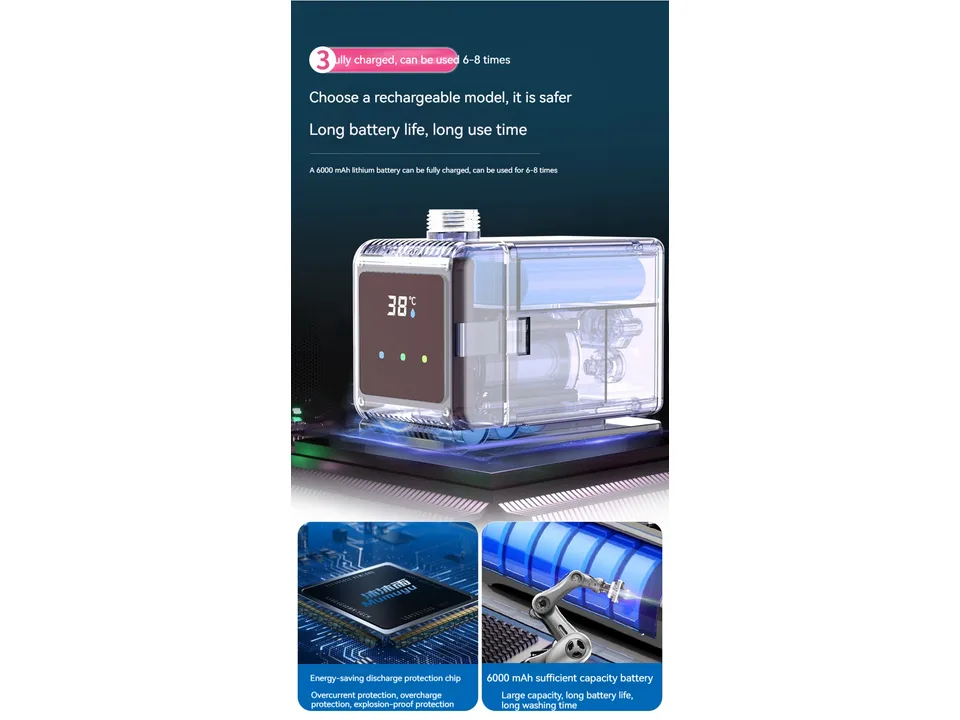 Internal view of the portable shower pump showing the battery and electronic components.