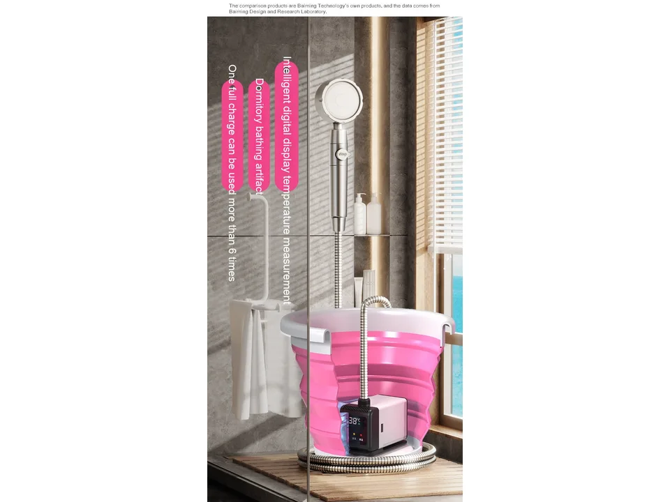 Portable shower pump in use with a collapsible bucket and shower head.