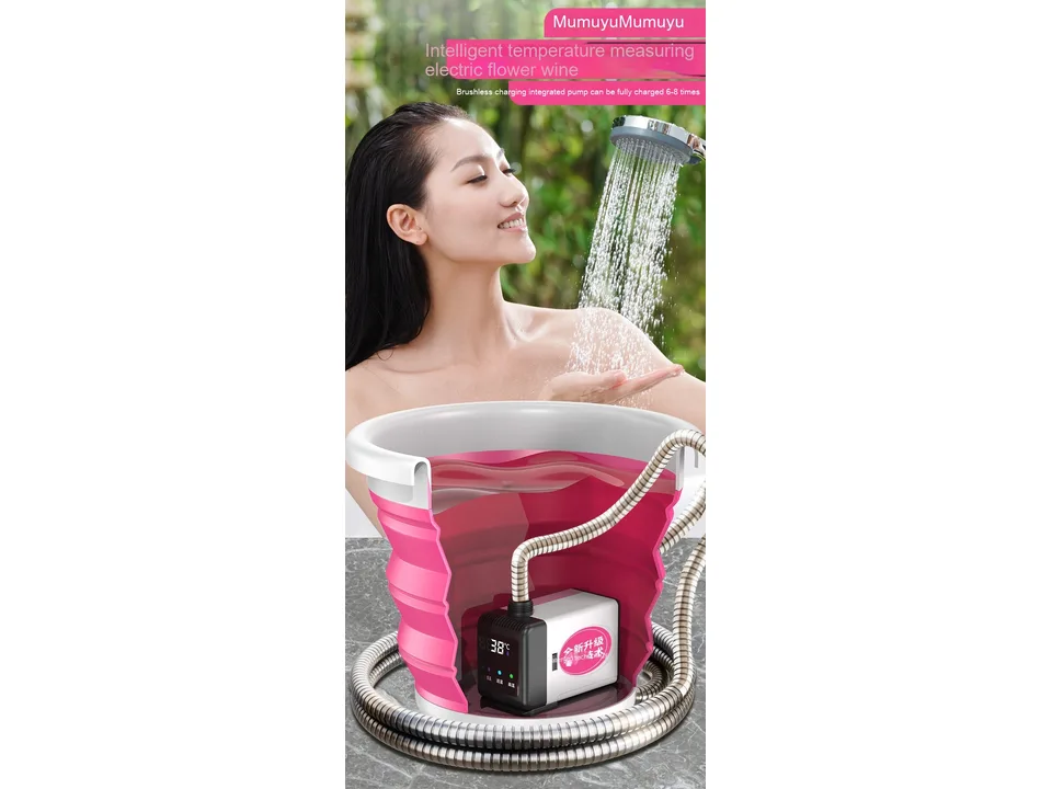 A woman using the portable shower pump for bathing.