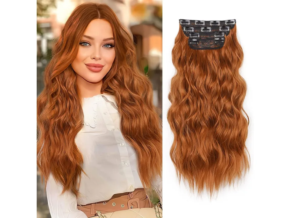 Model wearing wavy auburn hair extensions with a separate view of the clip-in piece.