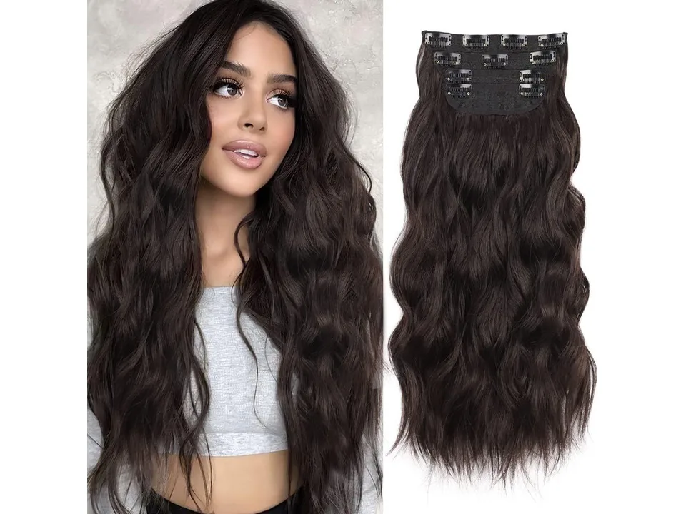 Model wearing wavy dark brown hair extensions with a separate view of the clip-in piece.