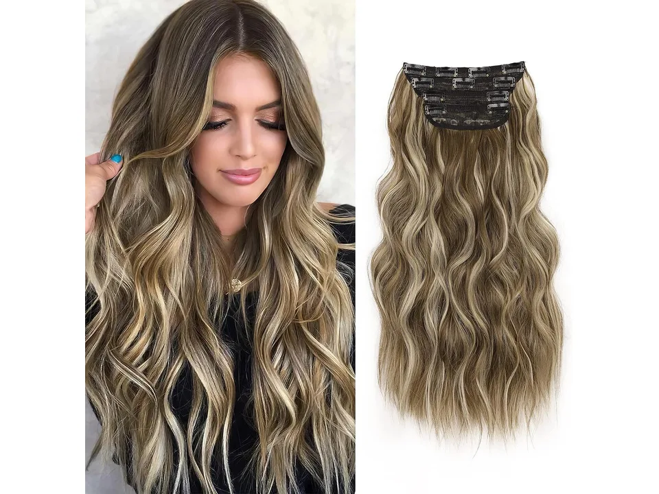 Model wearing wavy blonde hair extensions with a separate view of the clip-in piece.
