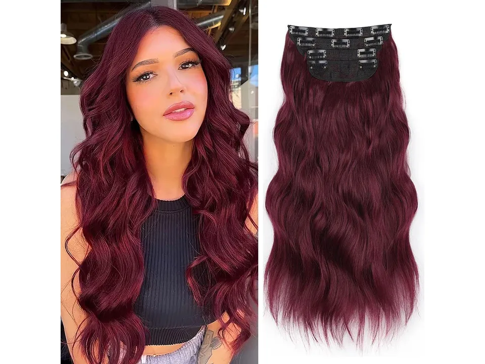 Model wearing wavy burgundy hair extensions with a separate view of the clip-in piece.