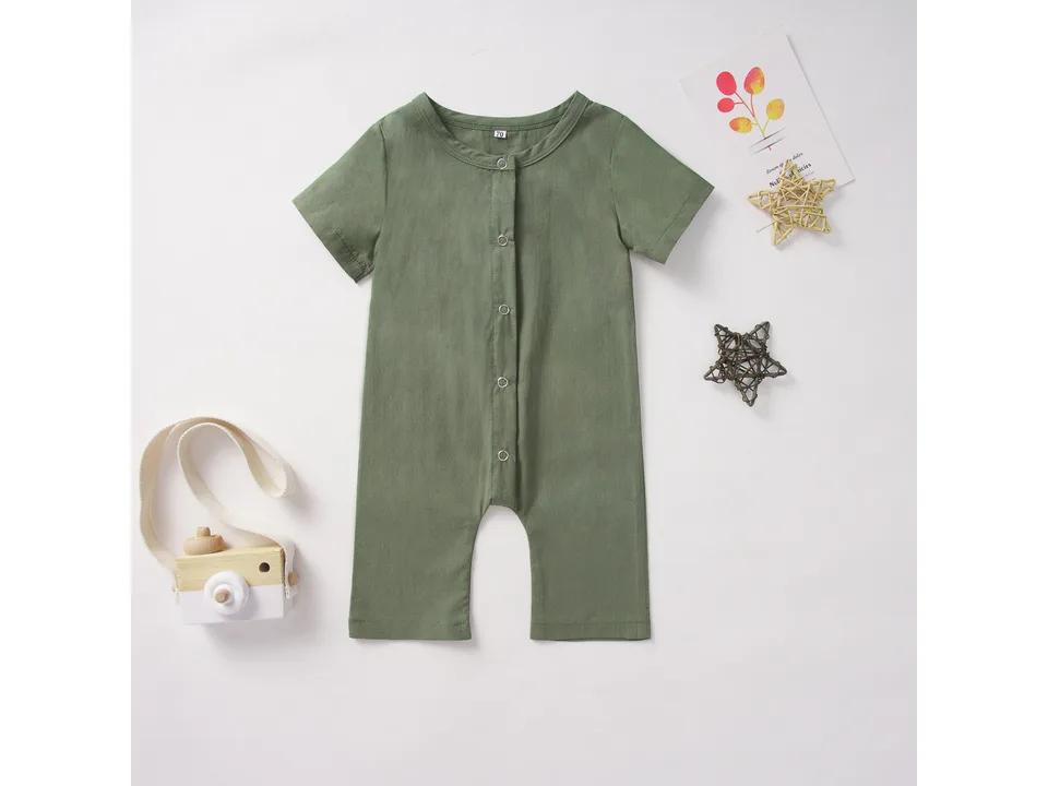 Olive green baby romper with short sleeves and front buttons.