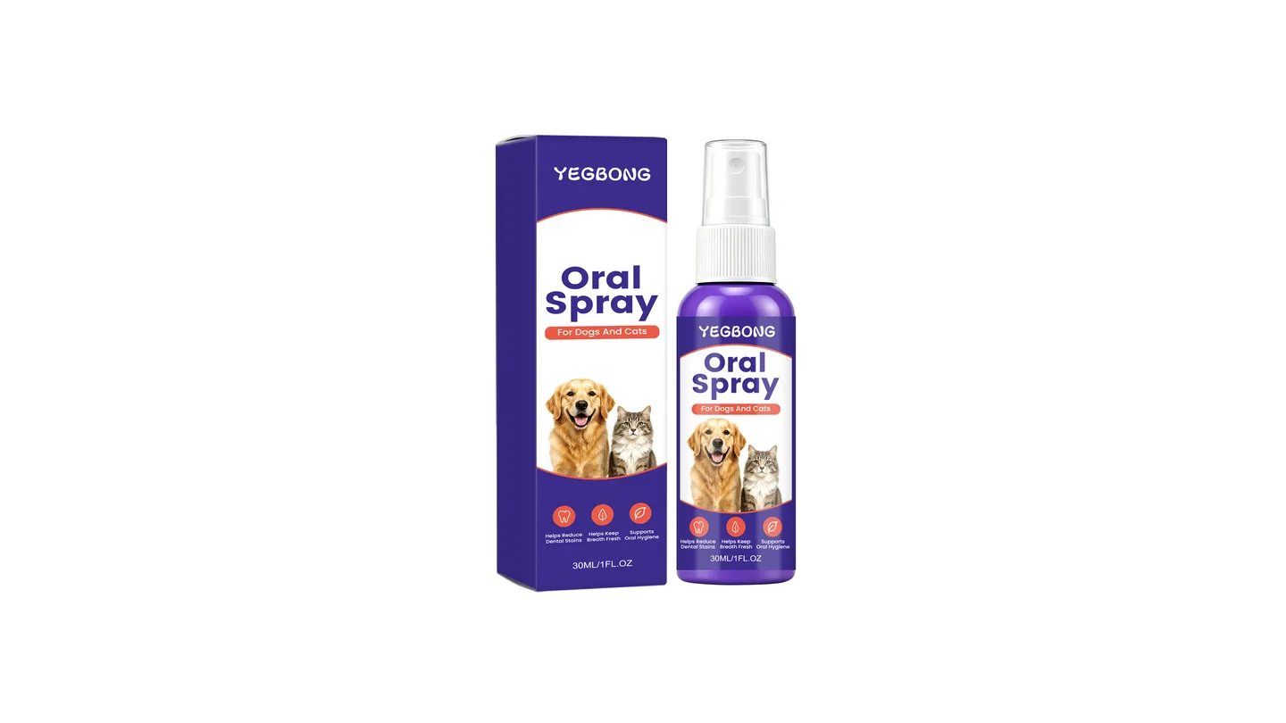Yegbong oral spray for dogs and cats, showing the bottle and its packaging box.