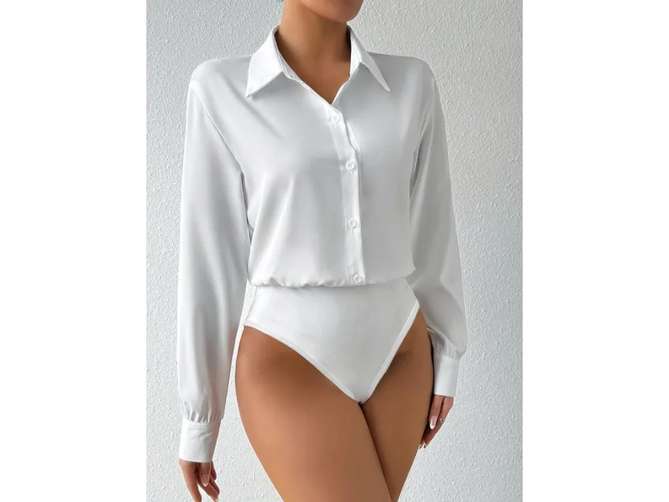 White long sleeve button-down bodysuit on a model