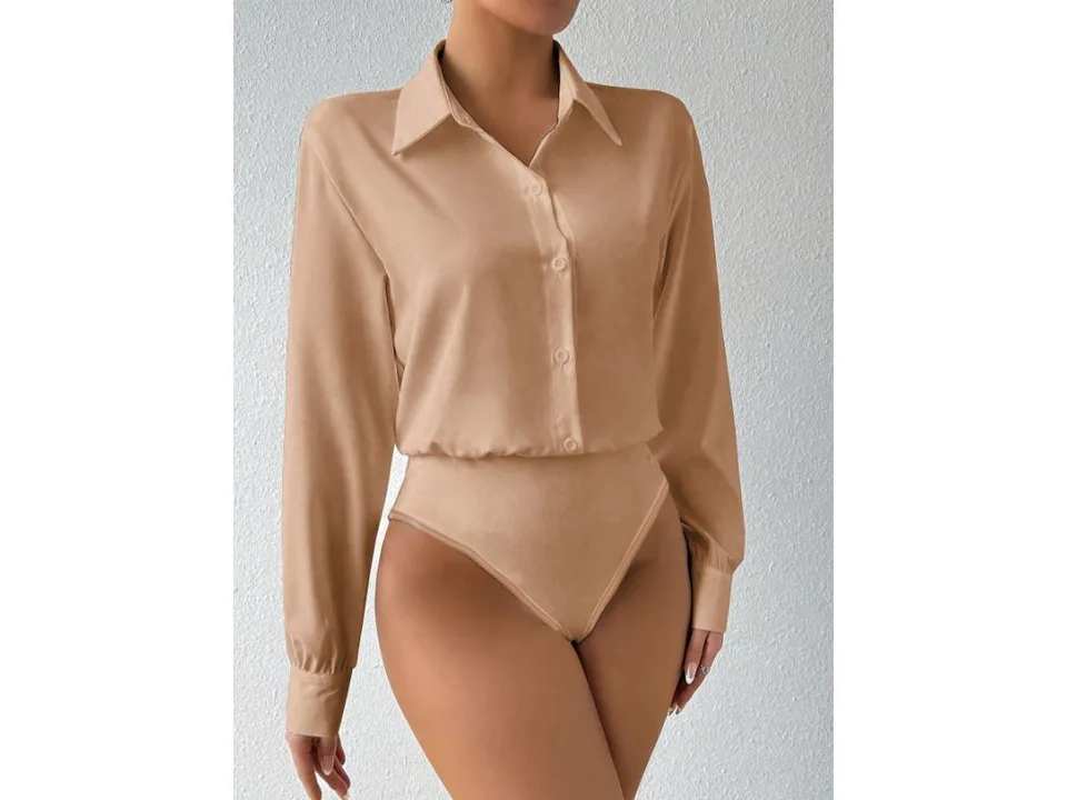 Tan long sleeve button-down bodysuit on a model