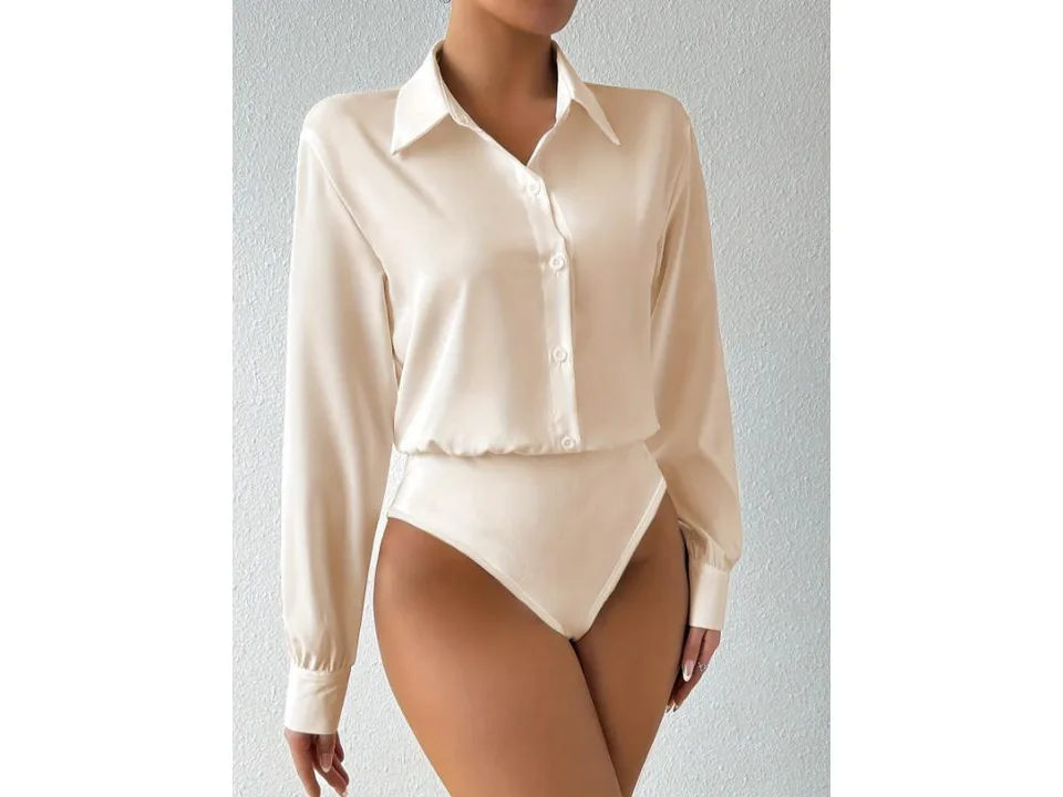 Beige long sleeve button-down bodysuit on a model