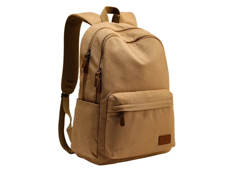 Tan canvas backpack shown from a three-quarter angle against a white background.